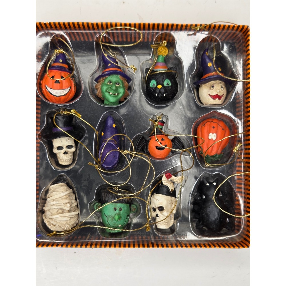Vintage Halloween Resin Ornament Set 12pc Pumpkin Witch Skeleton Cat Mummy